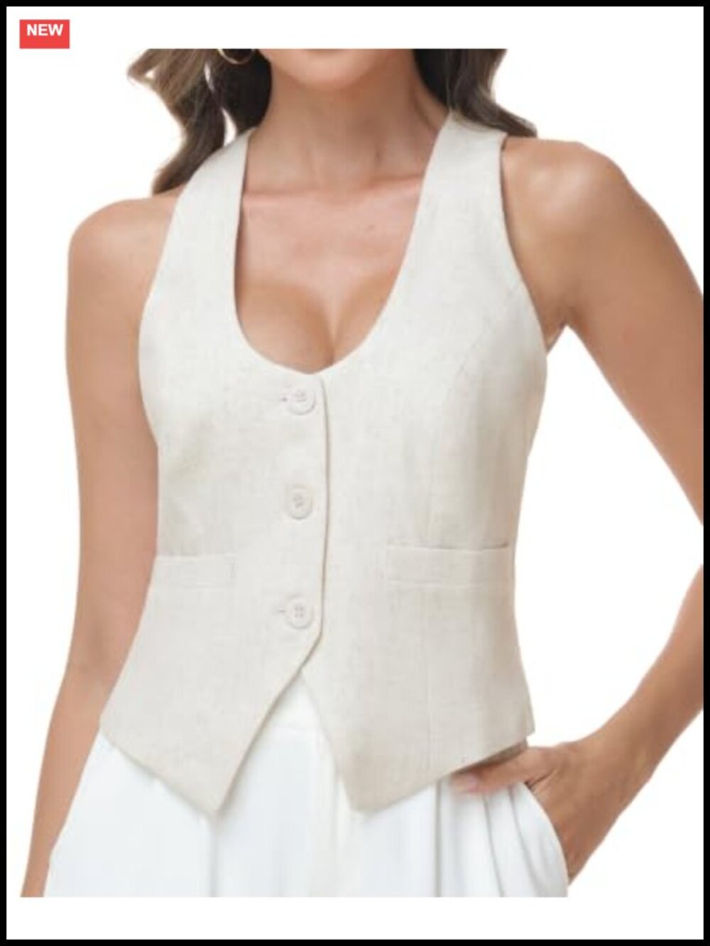 Linen Viscose Vest Waistcoat V-Neck Racerback Button Front Sleeveless
